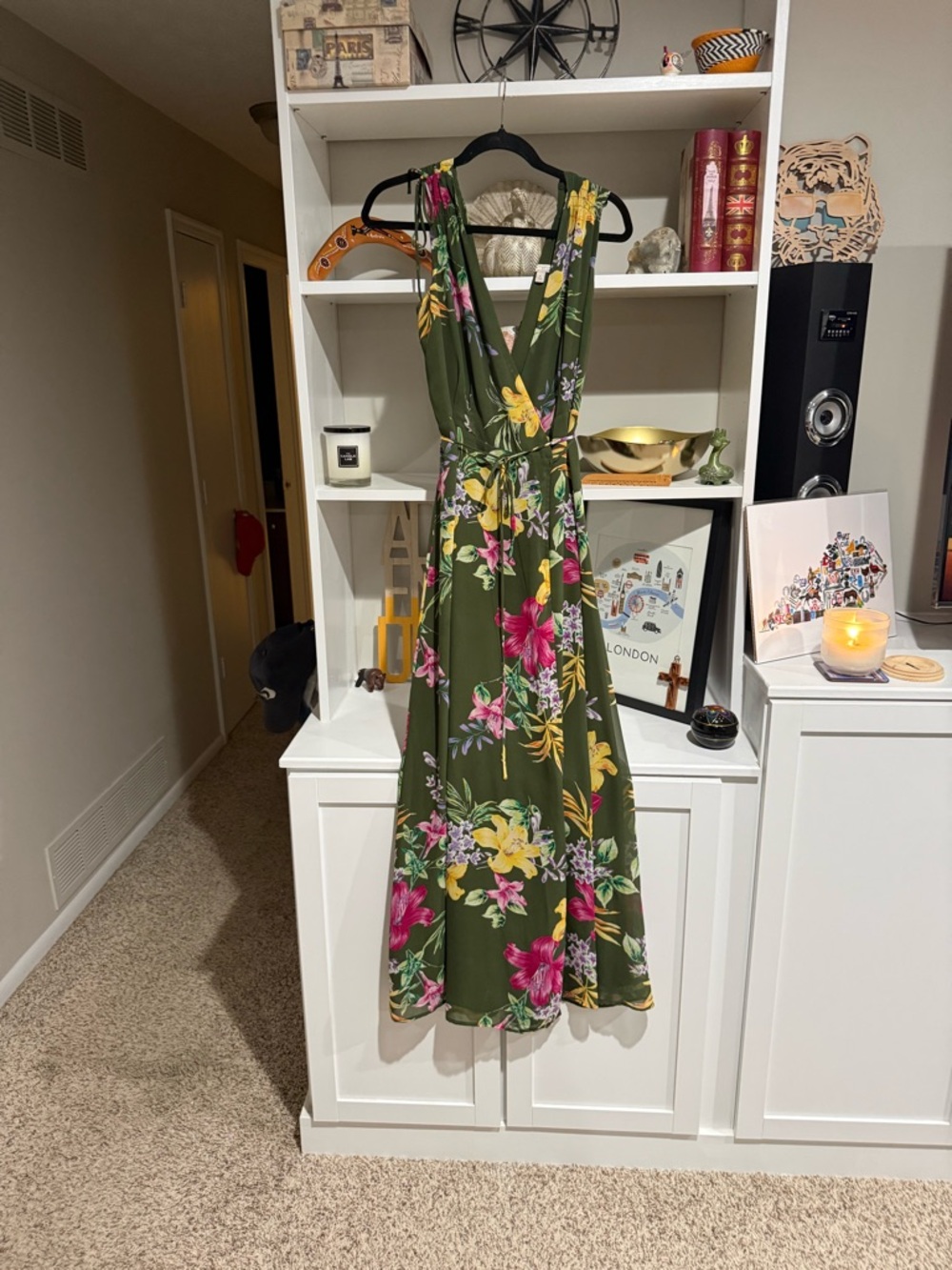 New York & Company Olive Green Floral Wrap Maxi Dress